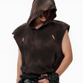 Khaki cotton short sleeve hooded vest with front pouch pocket and oversized streetwear fit