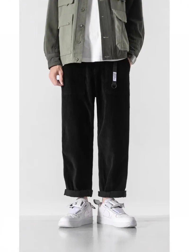 Men's loose straight tapered pants in dark grey with wide leg sports design
