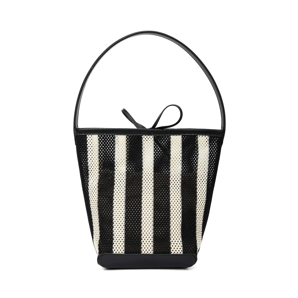 Black and white striped woven fabric women's bucket shoulder bag.