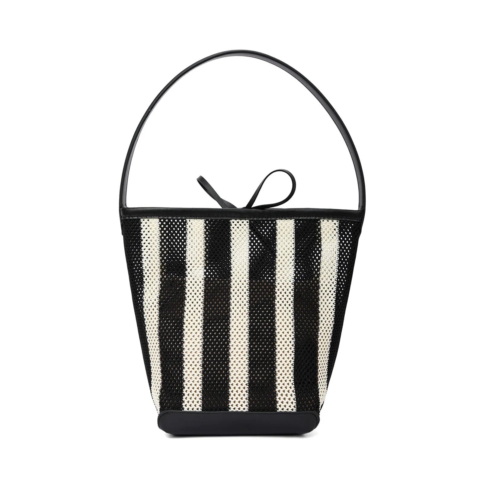 Black and white striped woven fabric women's bucket shoulder bag.
