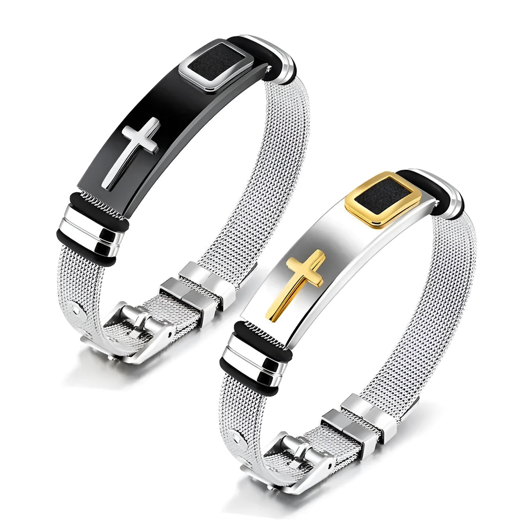 Adjustable 3D cross stainless steel mesh chain bracelet in gold on a white background