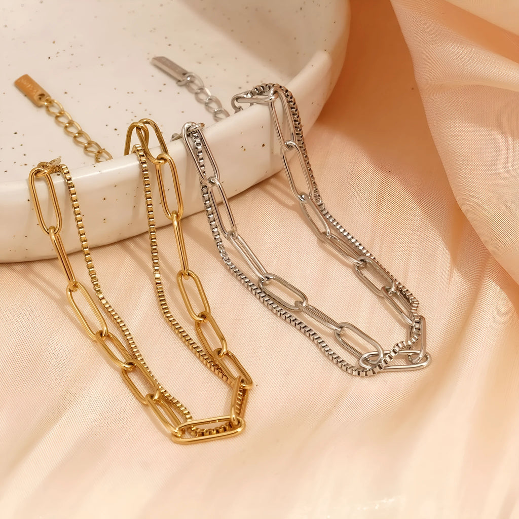Women's double layer titanium steel bracelet with geometric lines in gold or silver electroplate