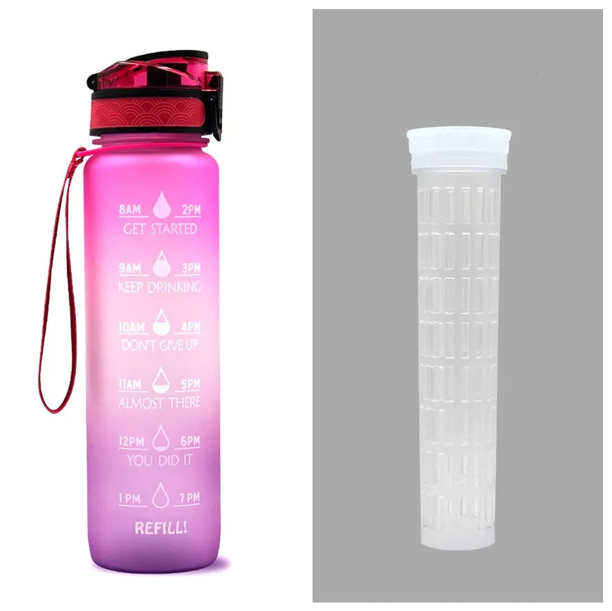 1L Tritan sports water bottle with time markers and flip-top lid in blue-red gradient colour
