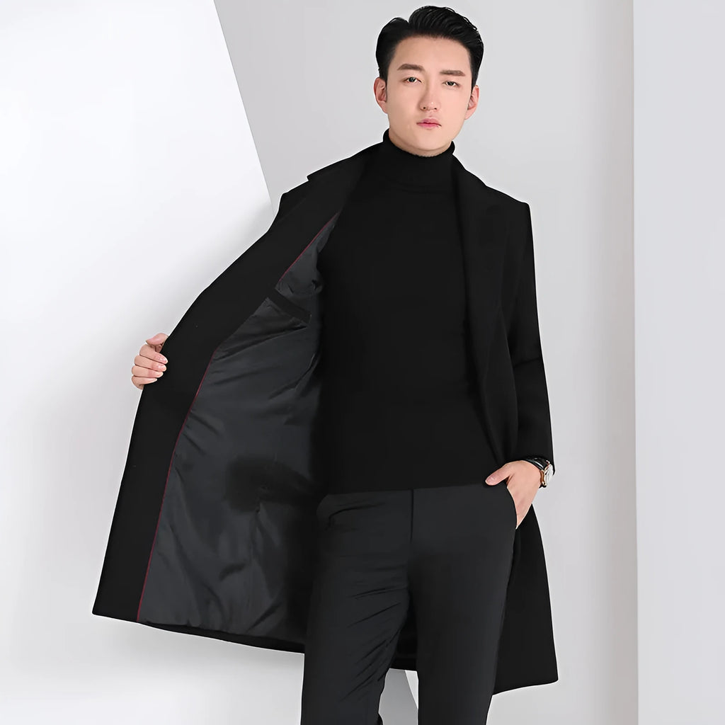 Men's slim-fit Korean-style mid-length wool coat in black, grey, navy blue, and wine red solid colours with side seam pockets