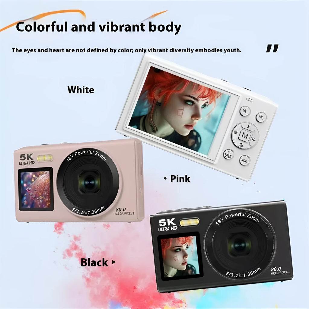 HD dual-screen selfie video digital camera in pink with ABS PC body and Full HD screen