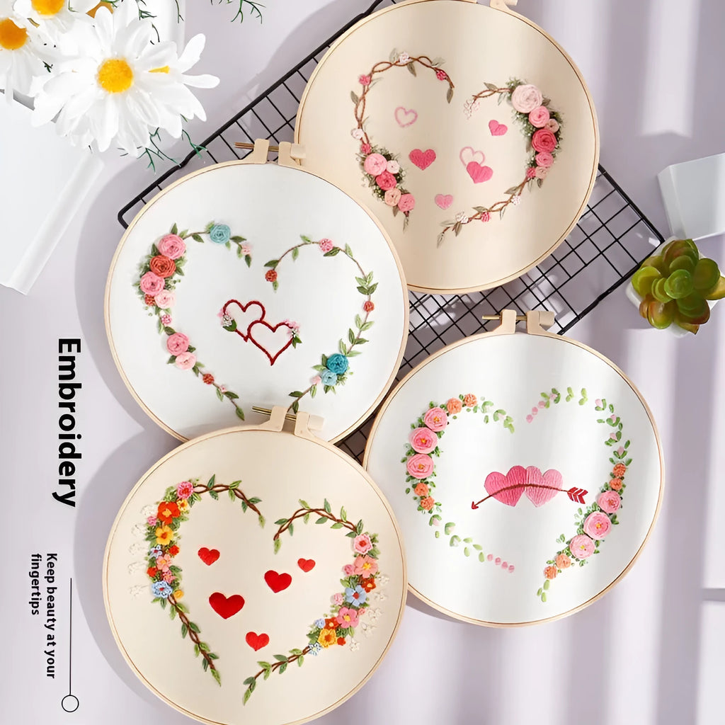 DIY embroidery kit with heart-to-heart love design on cotton cloth, 20cm bamboo taboret frame, Nordic style, Valentine's Day craft