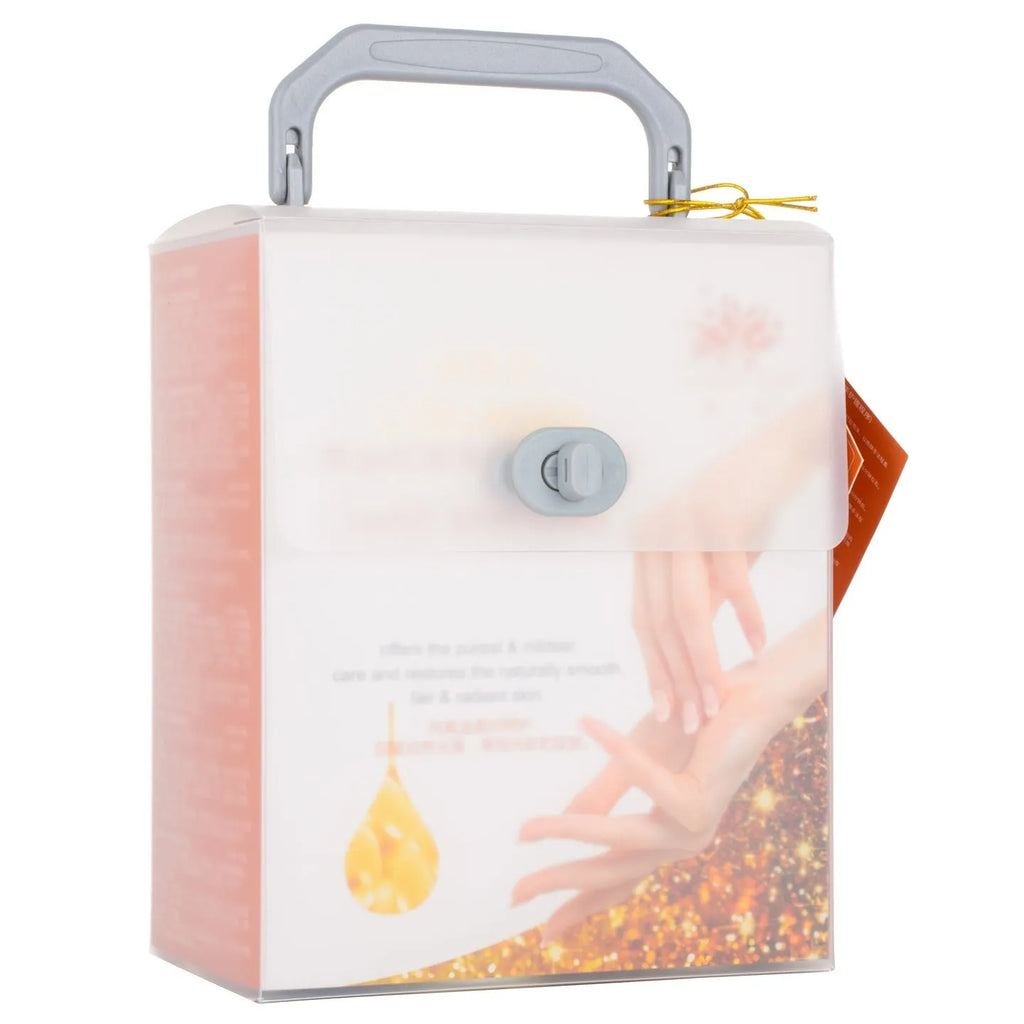 Gold Collagen Hand Care Set with seven products including hand cleansing gel, scrub gel, massage cream, hand mask, hand cream, and rose essential oil