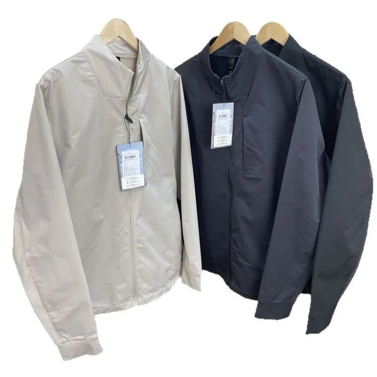Men's stand collar polyester jacket in straight hem design with long sleeves