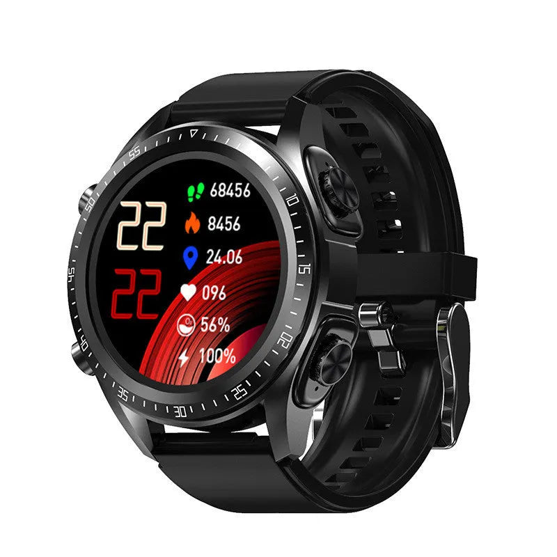 Black smartwatch with health monitoring on a silicone strap, showing a blood pressure readout on its screen.