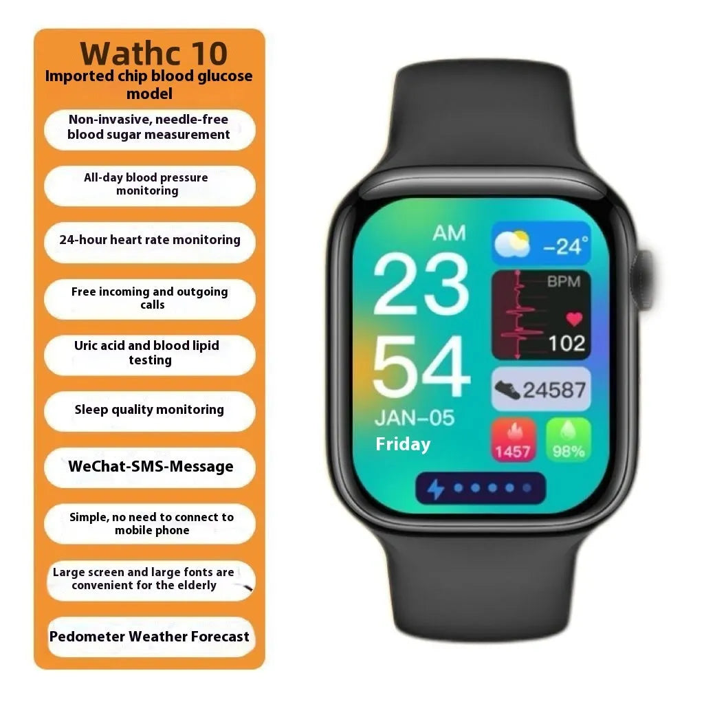 Blood sugar testing smart watch with TFT screen, Bluetooth calling, and health monitoring in black