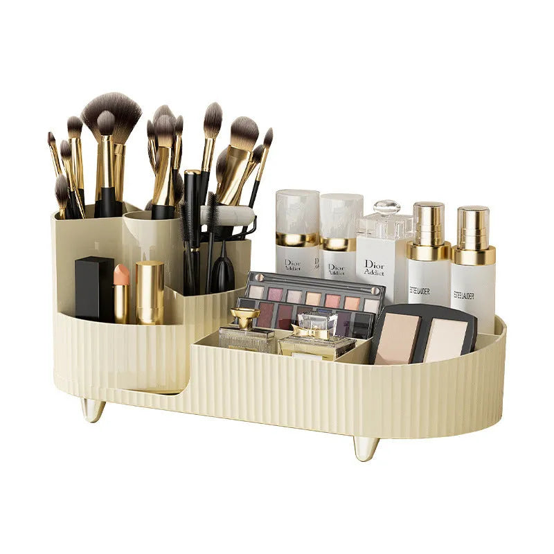 Rotating cosmetics storage box organiser for makeup brushes and lipsticks on a table.