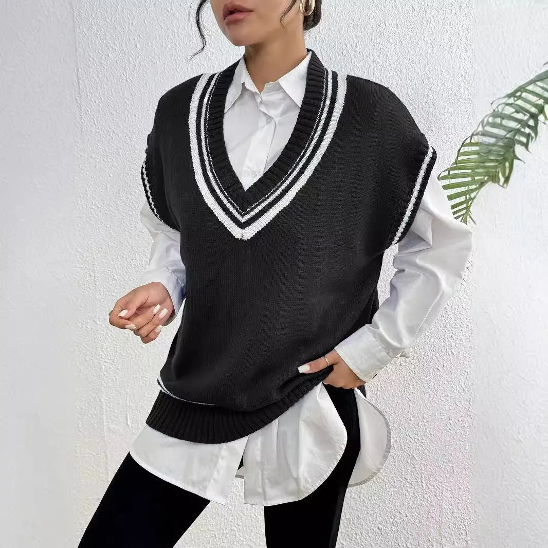 Women's college style wool vest sweater in loose fit pullover design showing black, blue and coffee colour options
