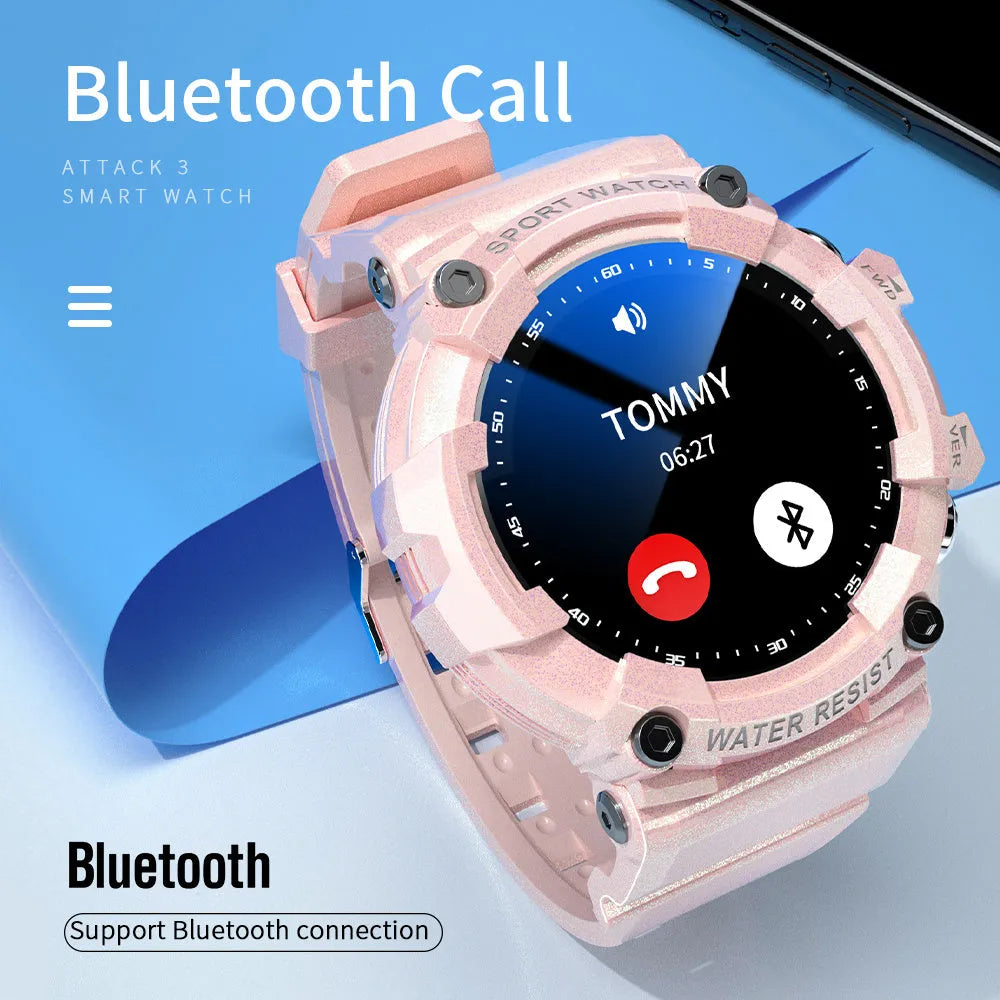 ATTACK 3 smart sports watch with round 1.28-inch screen and TPU strap in black, pink, or white colours