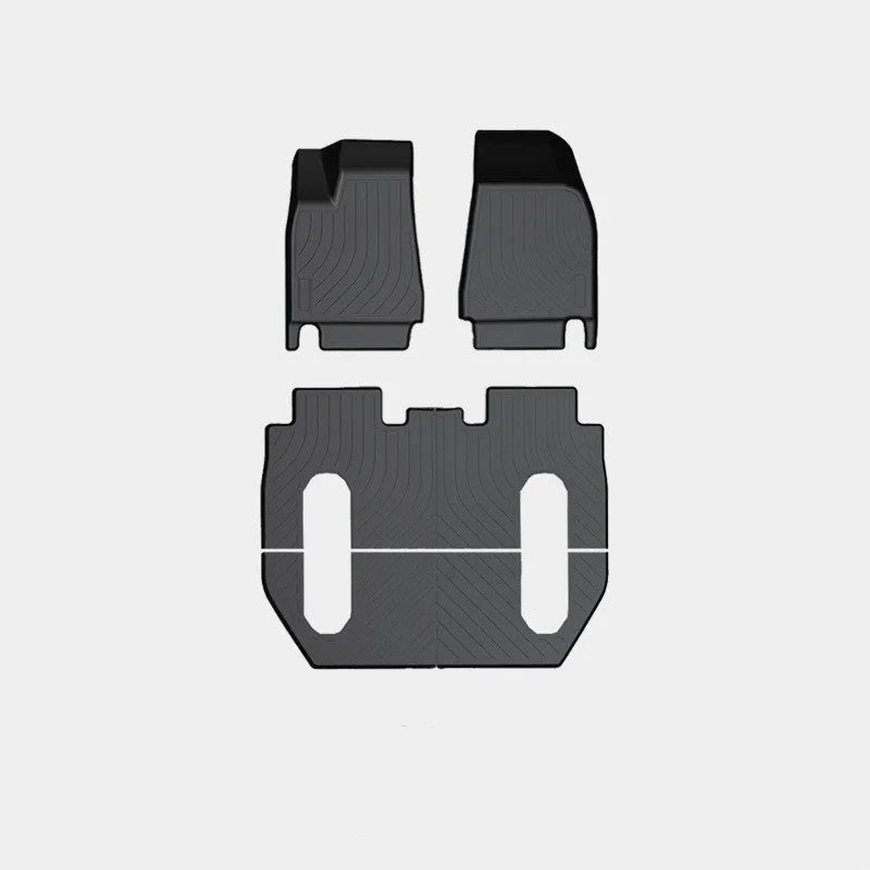 TPE rubber car mat set for Tesla Model X showing front, rear, and tailbox mats.