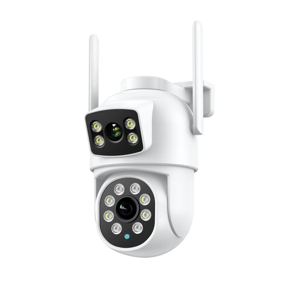 White wireless outdoor night vision surveillance camera with dual-screen humanoid tracking and bracket