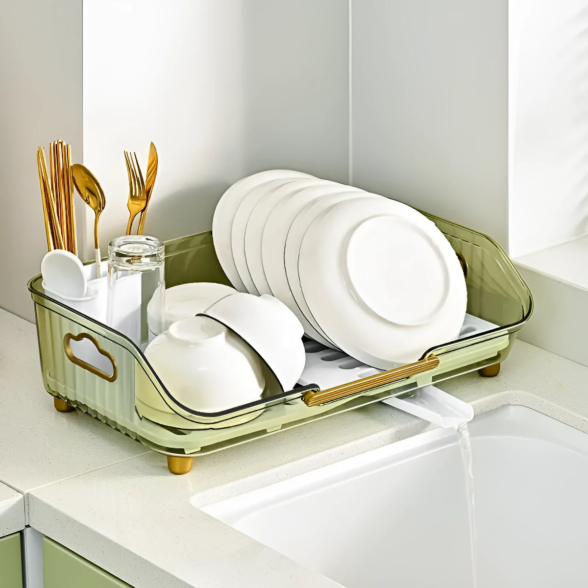 Transparent plastic countertop cutlery storage rack with draining design, Nordic style, in coffee, green, or white.