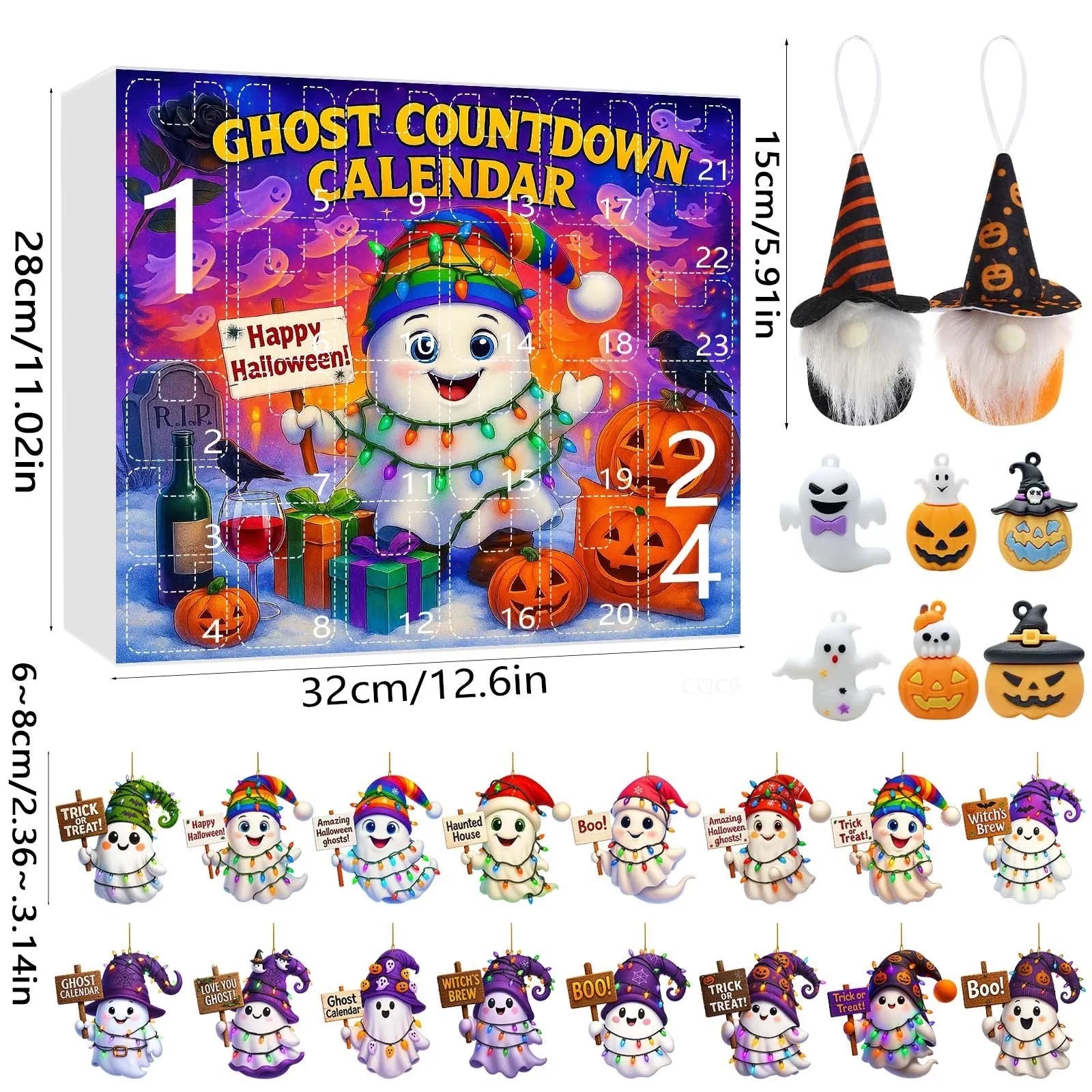 Ghost Pumpkin Doll Blind Box Halloween set with 16 pendants, 6 PVC figurines, and 2 plush dolls
