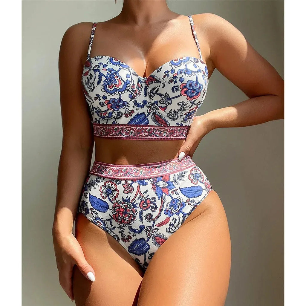 Blue women's high-waisted push-up bikini swimsuit with sleeveless design