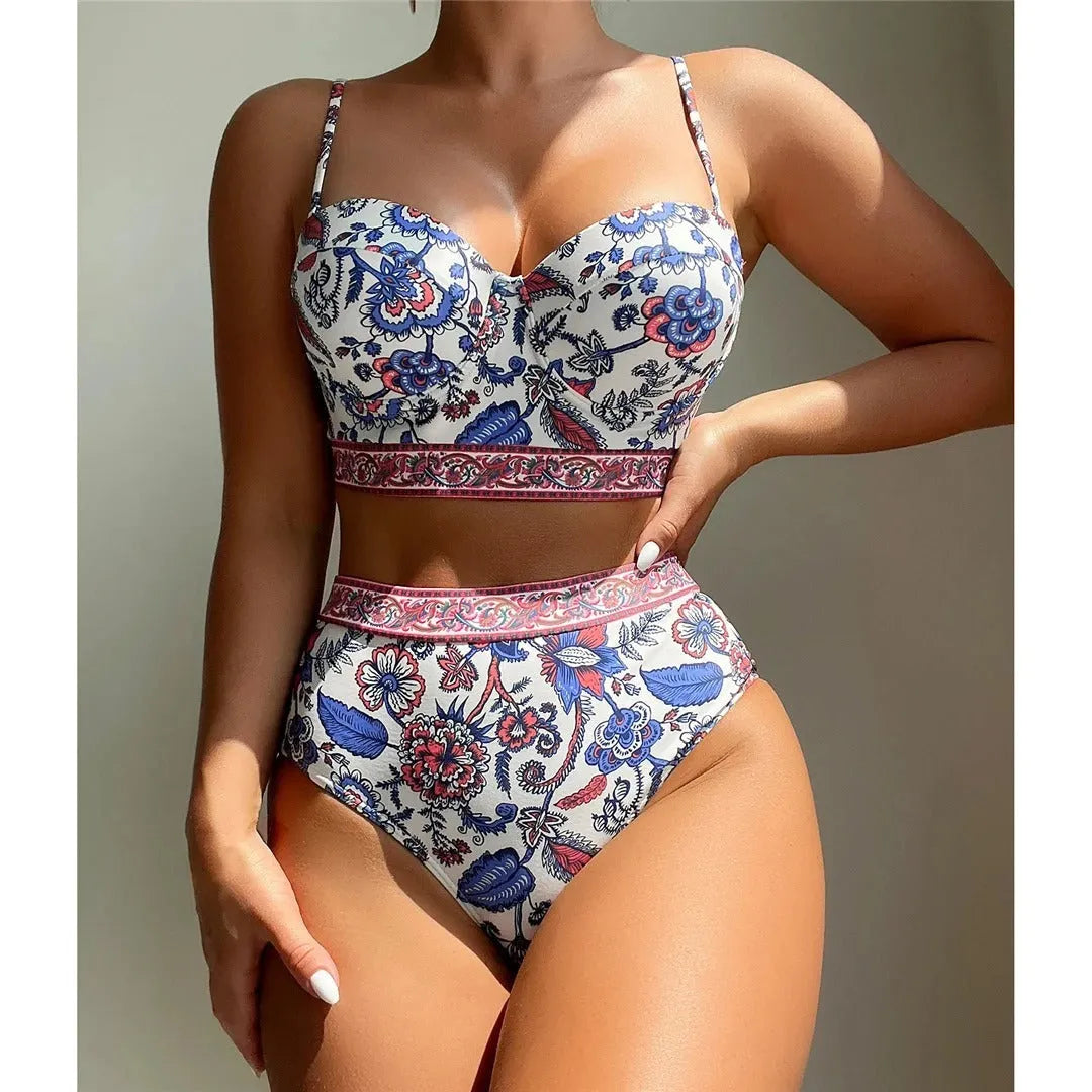 Blue women's high-waisted push-up bikini swimsuit with sleeveless design