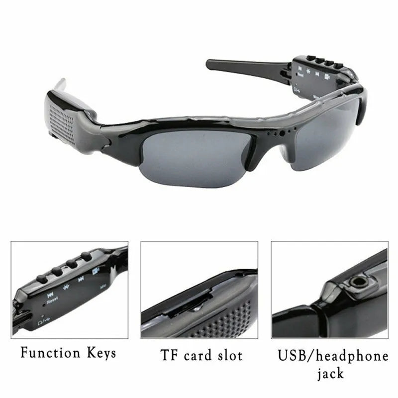 Black HD 1080P glasses camera sunglasses with polarized lens, 10x optical zoom, and 1.5 LCD screen.