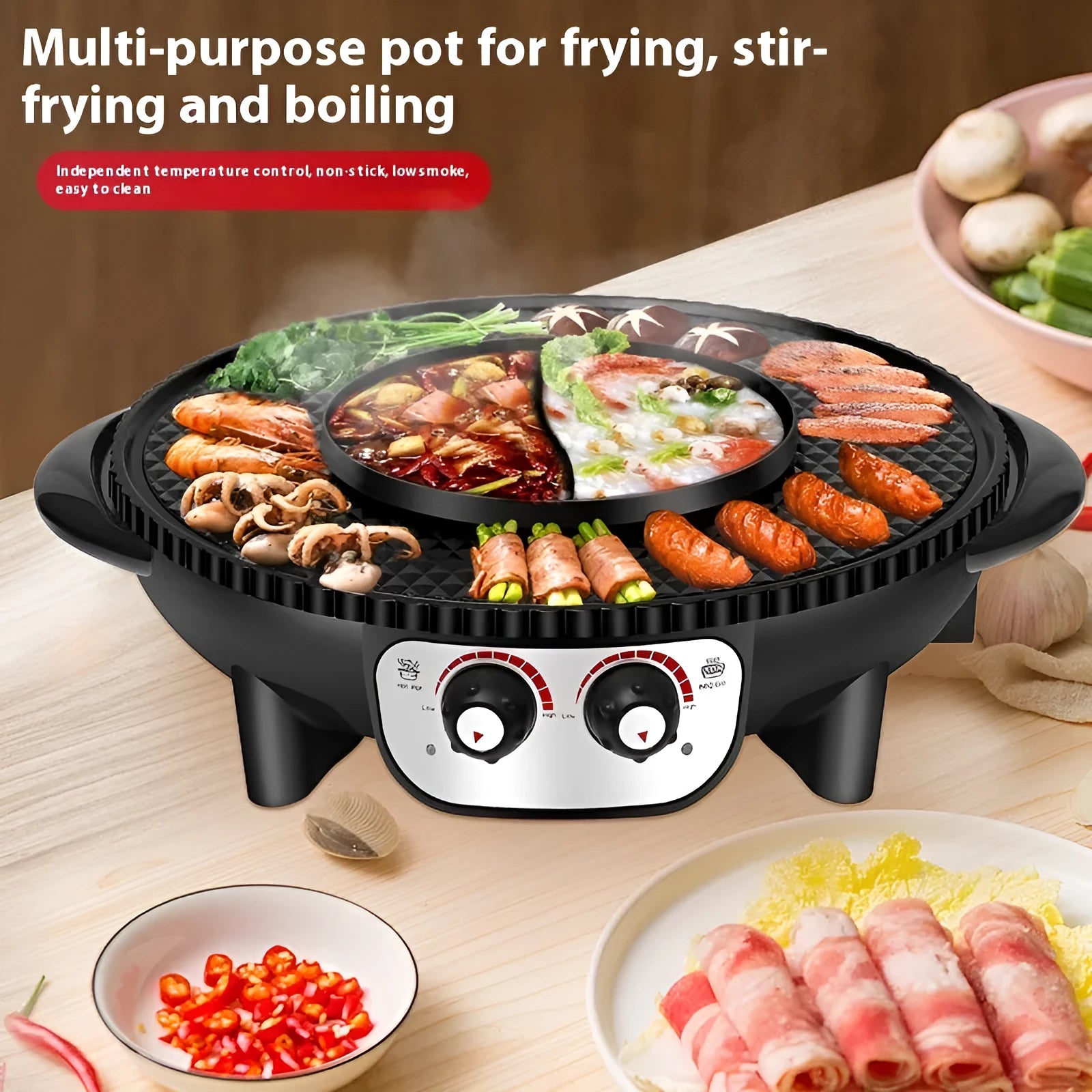 Hot pot barbecue all-in-one electric cooker with 5L capacity and barbecue plate in Reunion Roast Black finish
