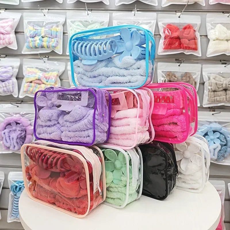 16-piece plaid bow hair band set with wrist strap and barrettes in nine colours including pink and blue.
