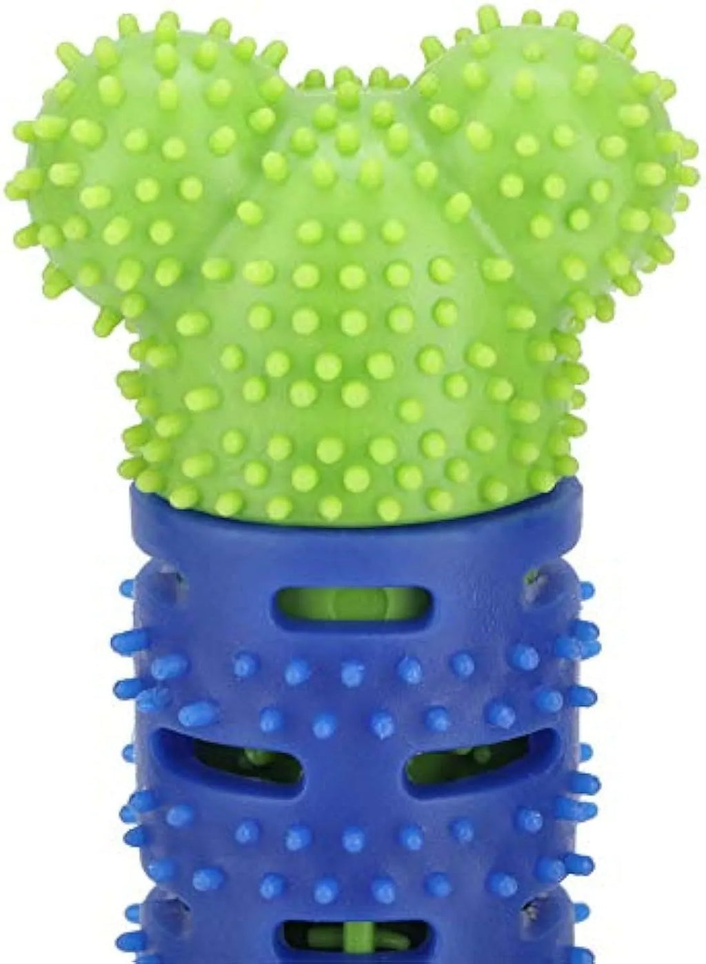 Blue silicone dog dental cleaner stick with serrated brush head and massage nodules, 25cm length