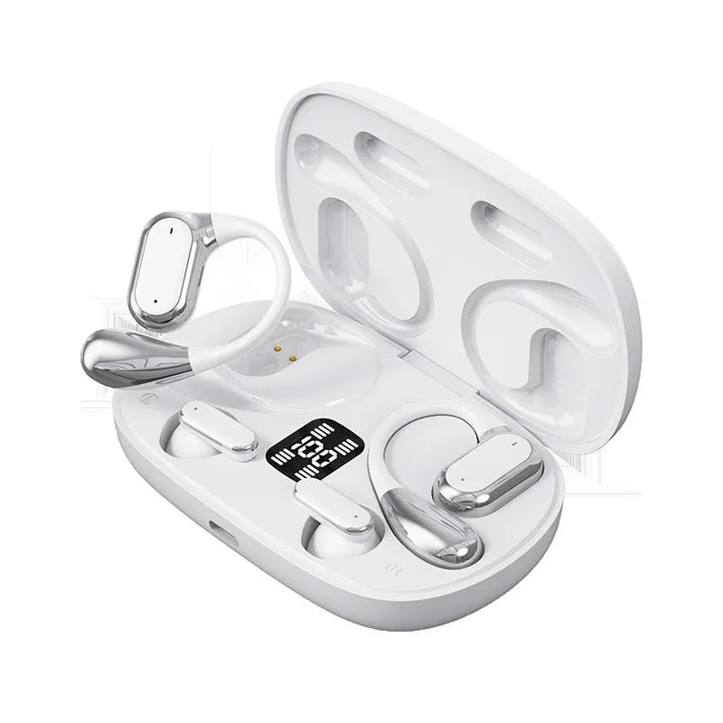 Ear-mounted sports Bluetooth headset in black with digital display, PC ABS body, 4-8 hour battery life.
