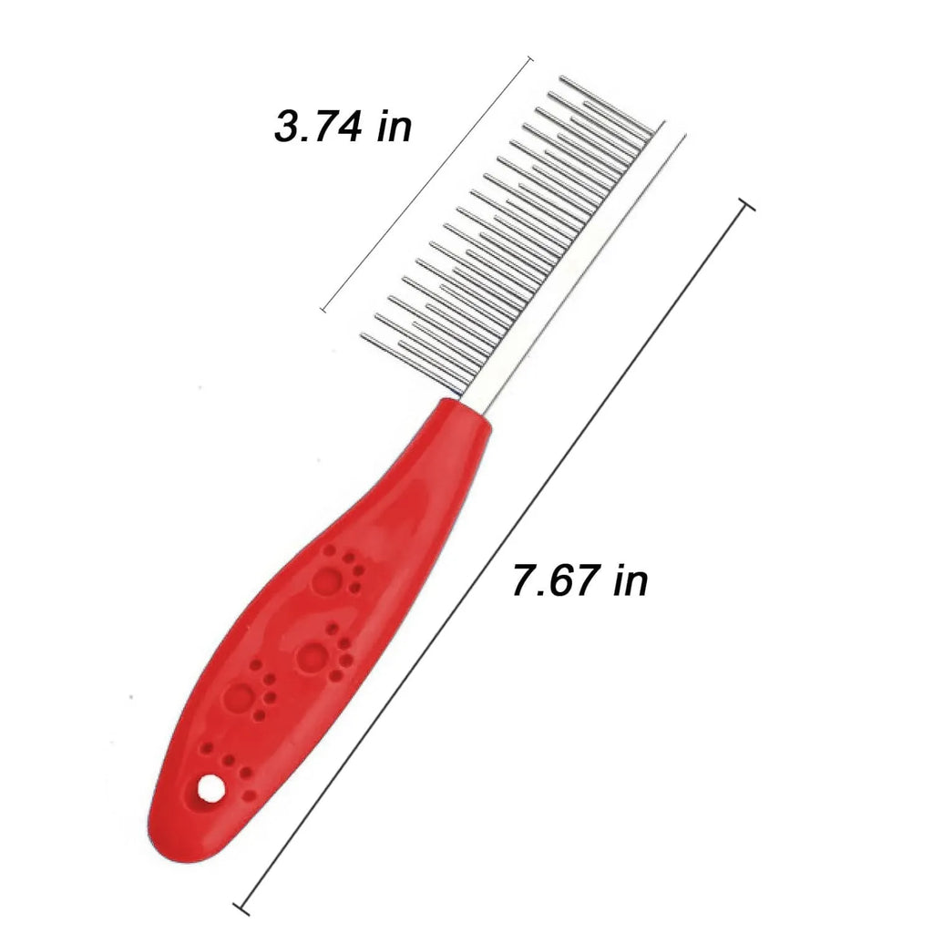 Red pet grooming comb with short and long stainless steel teeth and a plastic anti-slip handle.