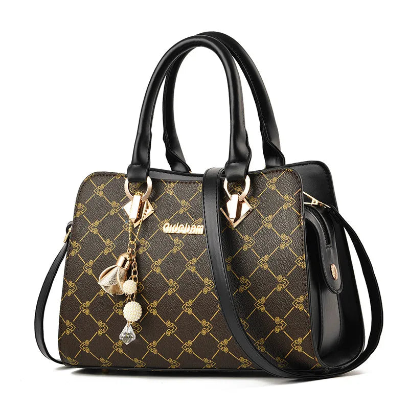 Women's PU leather messenger bag with geometric printed pattern in beige, zipper closure, and multiple colour options