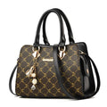 Women's PU leather messenger bag with geometric printed pattern in beige, zipper closure, and multiple colour options