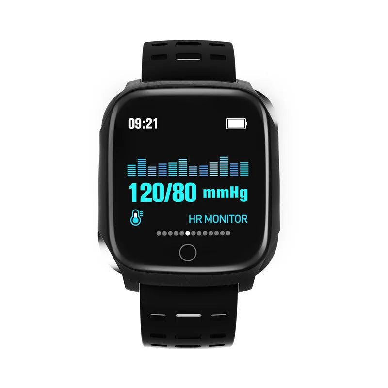 F16 smart watch with ECG monitor on a silicone wristband, showing black grey colour option.