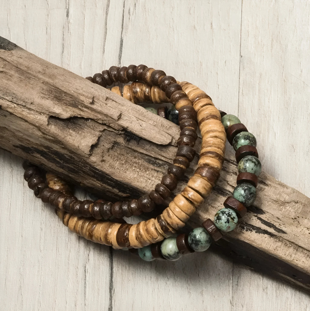 Retro men's coconut wood multi-layer stackable bracelet set with round beads