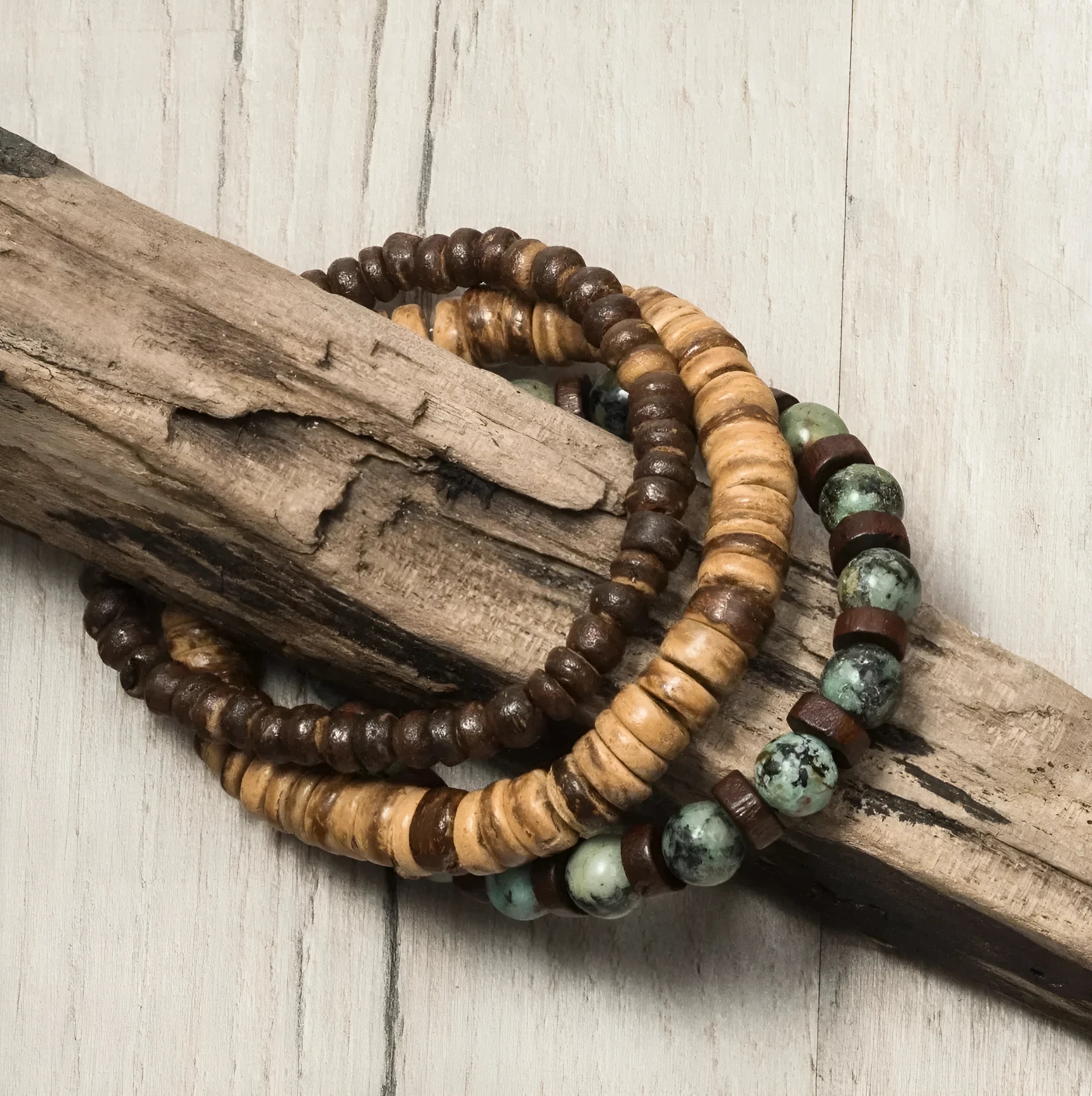 Retro men's coconut wood multi-layer stackable bracelet set with round beads