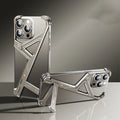 Geometric alloy phone case with bracket for iPhone 15 in black showing protective shell and stand