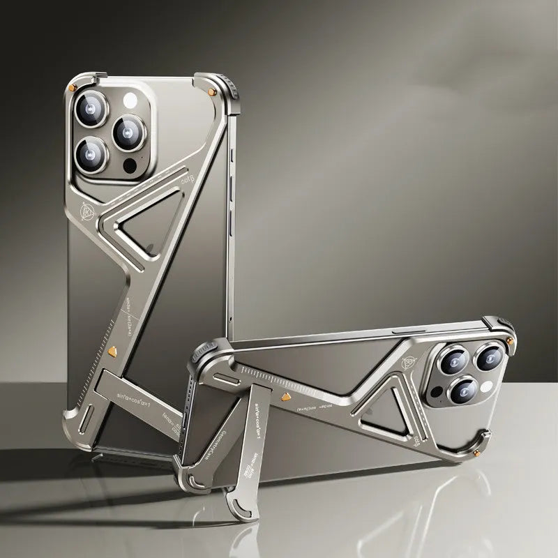 Geometric alloy phone case with bracket for iPhone 15 in black showing protective shell and stand