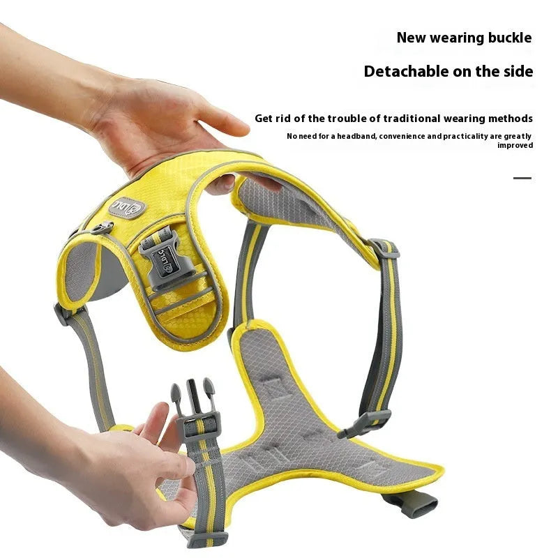 Nylon reflective pet harness with traction strap in yellow, multiple sizes available