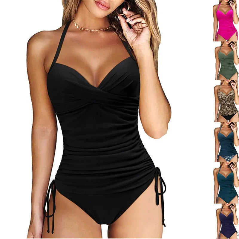 Women's high-waist slim fit bikini set in nylon, available in black, army green, leopard print, and green leaves.
