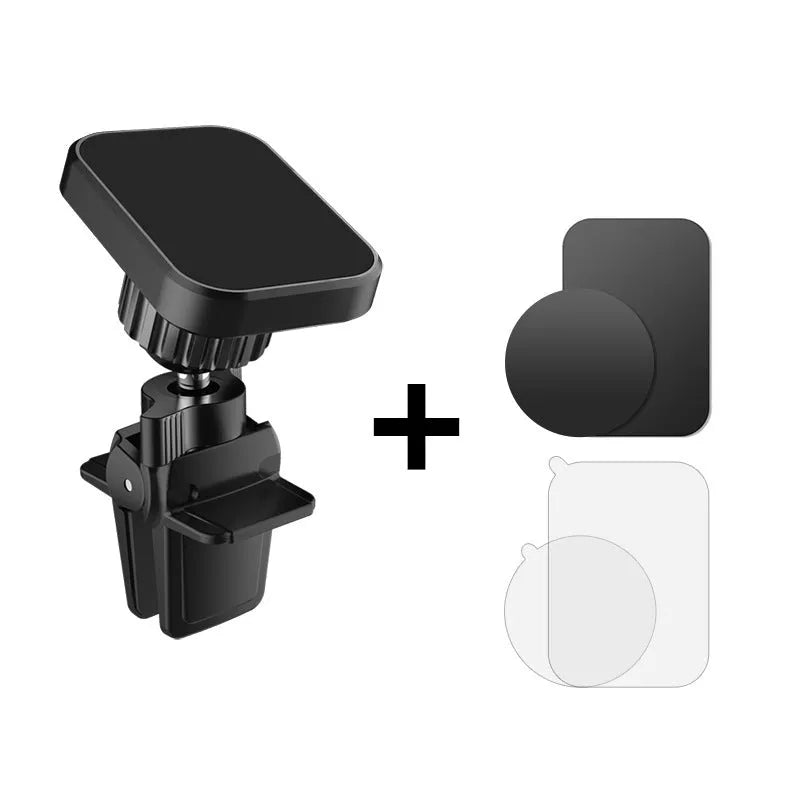 Black magnetic car phone holder mounted on a vehicle air vent, showing square head design.