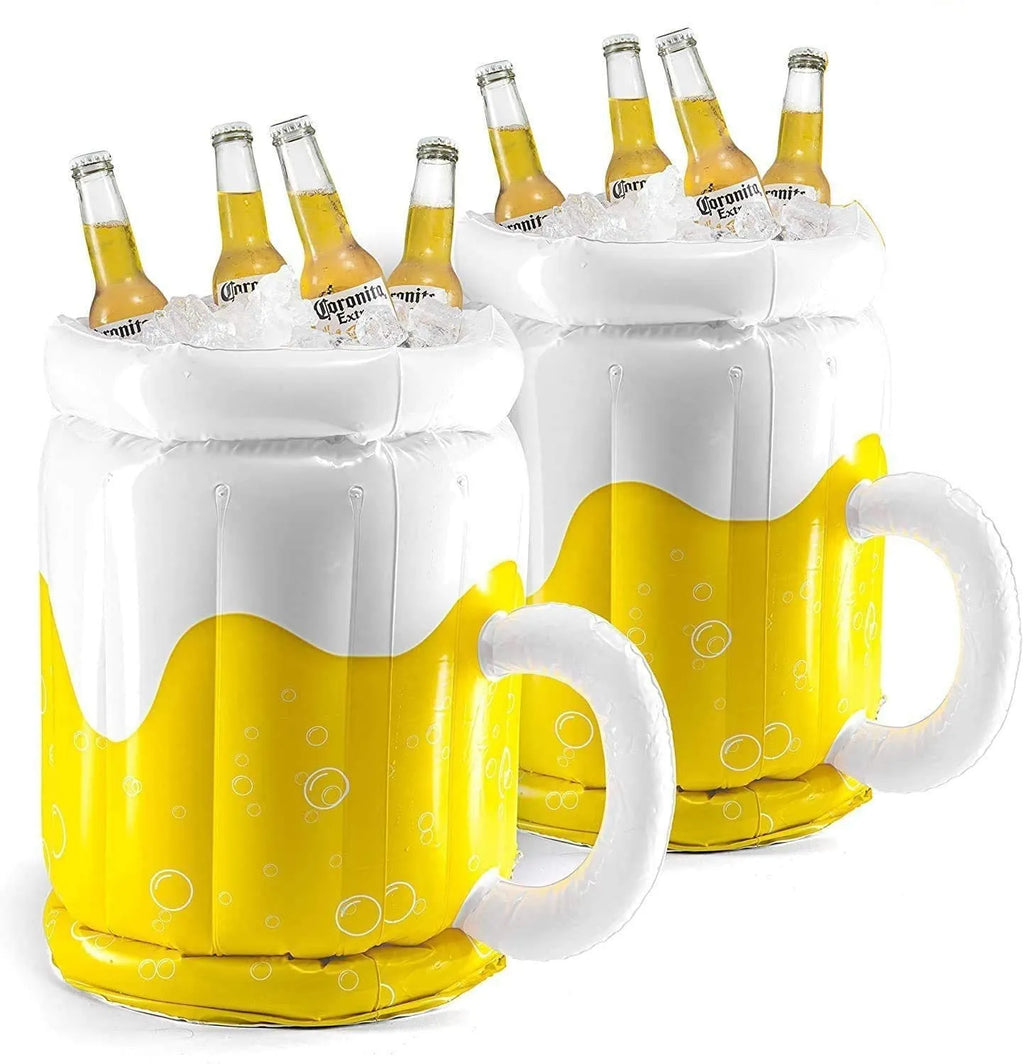 Yellow inflatable beer mug cooler floating in pool with drinks inside