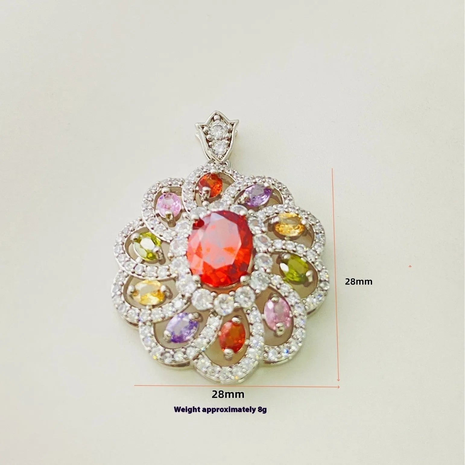 Close-up of a women's flower-shaped zircon pendant necklace in a gold electroplated finish.