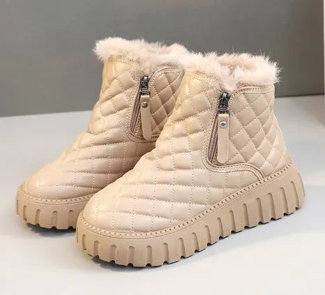 Women's plaid pattern platform ankle boots with side zipper and plush lining in khaki