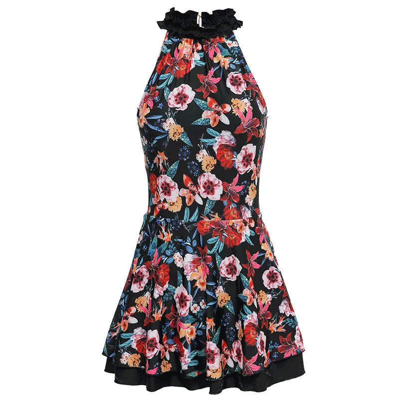 Sanqi black printed one-piece conservative swimsuit for women on a mannequin.