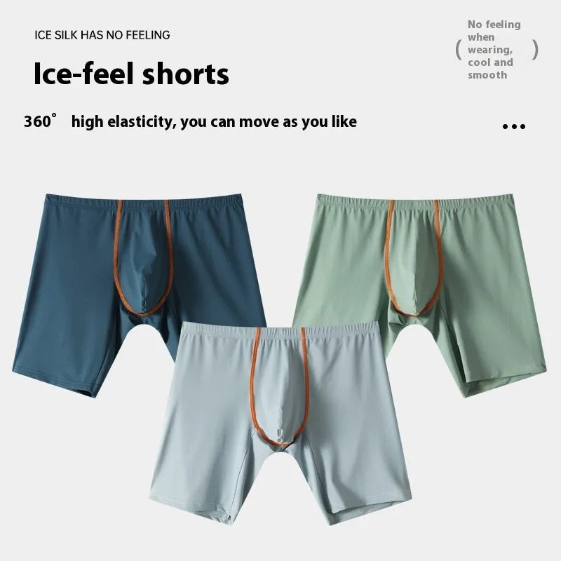 Men's ice silk nylon boxers with U convex pouch design in mid-waist fit showing colour options
