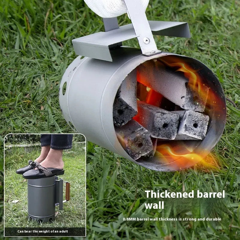 Zinc-iron alloy charcoal fire starter igniter with point carbon barrel design for outdoor barbecues.