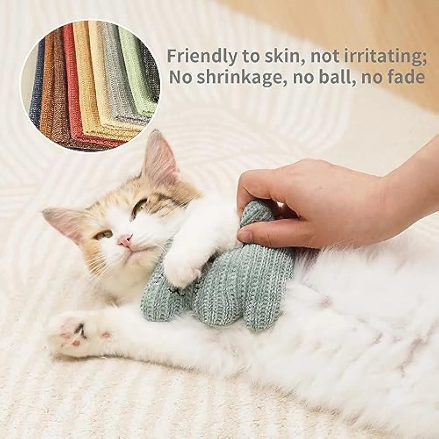 Cyan and light coffee plush cat toy with rope, containing catnip and a bell