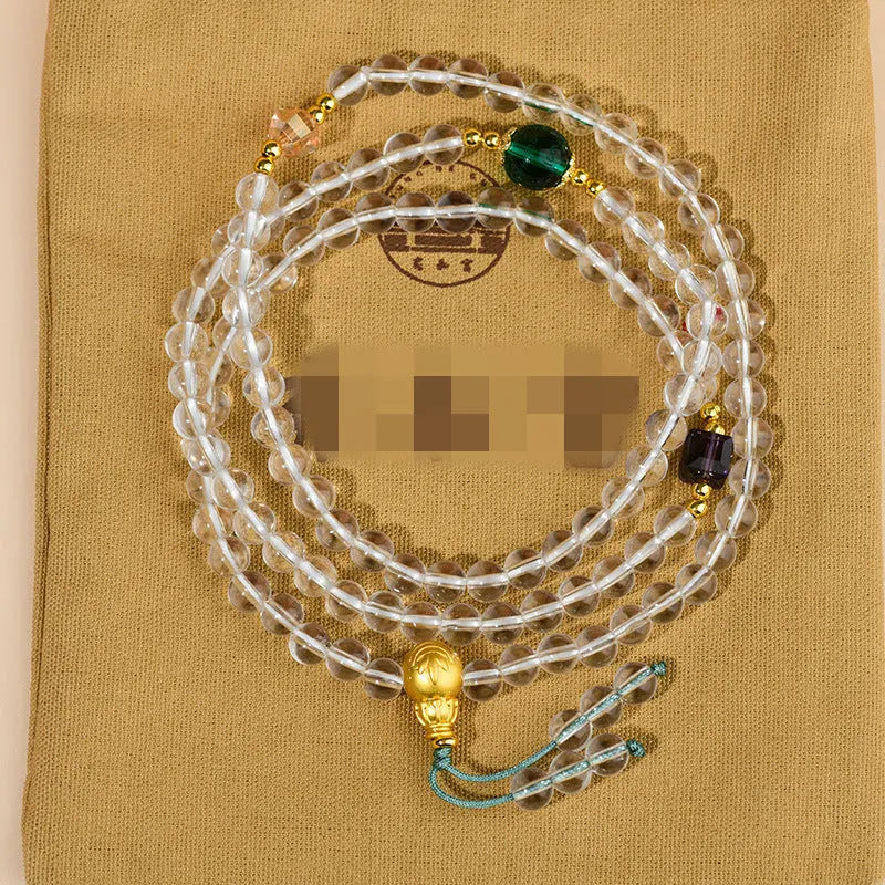White crystal 108-bead rosary bracelet necklace with geometric ethnic style design
