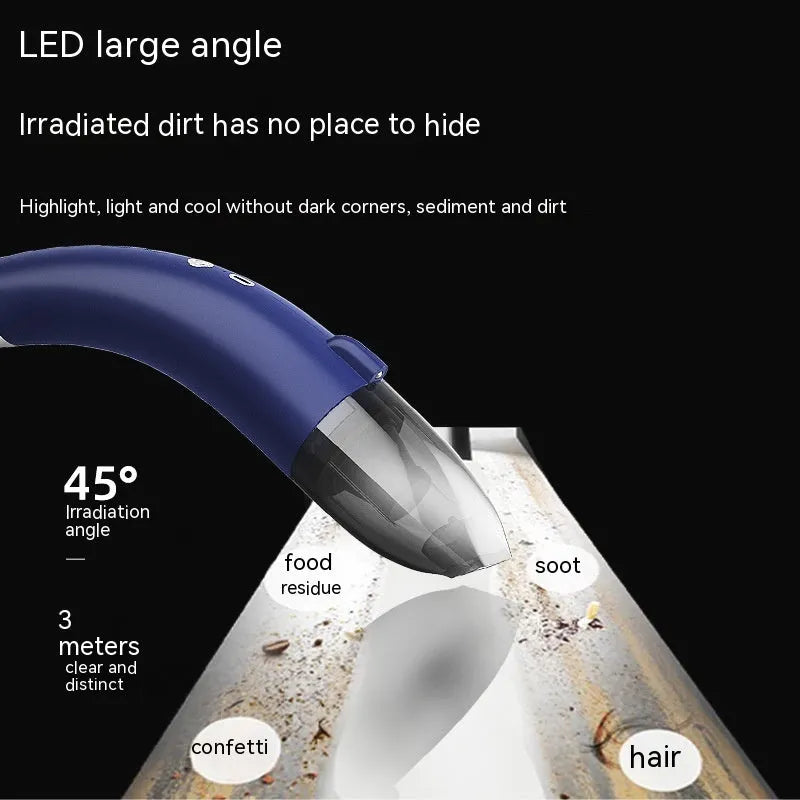Handheld cordless car vacuum cleaner in black, showing nozzle and compact design