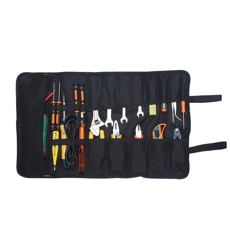A blue thickened Oxford cloth electrician storage bag with tool pockets, shown folded and hanging.