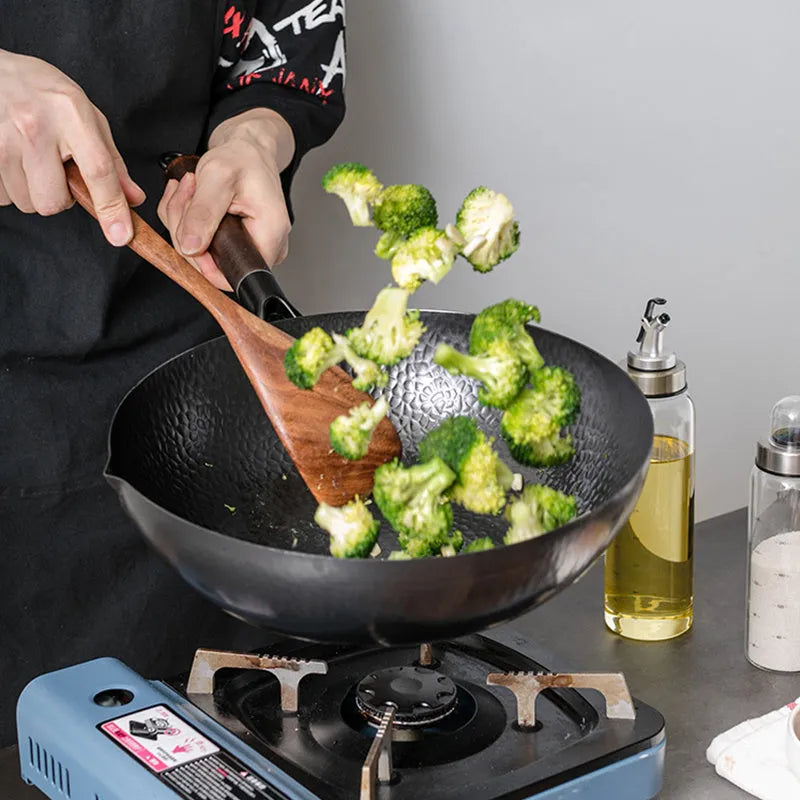 Traditional black iron wok with wooden handle, 40cm diameter base
